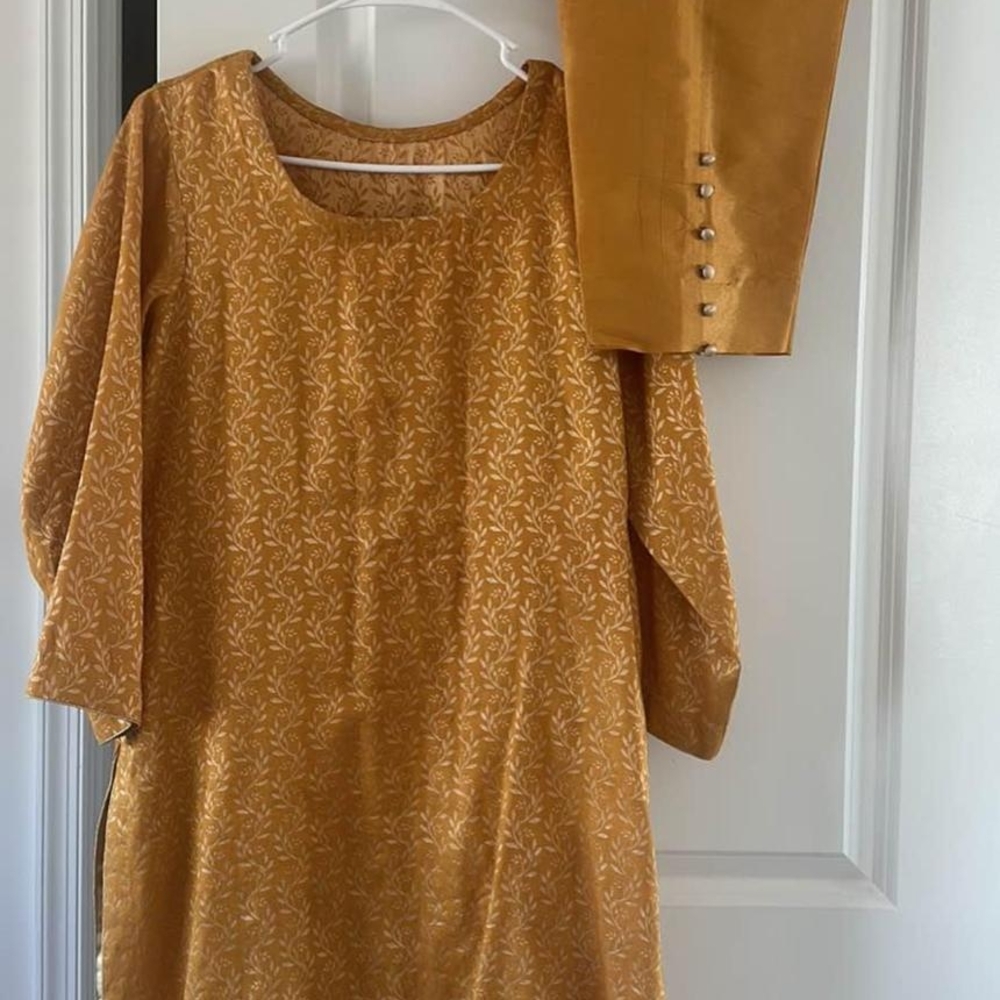 Mustard Yellow Kurta with Embroidered Design 3 Piece